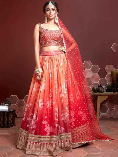 Sunflare Red Premium Designer Organza Floral Lehenga choli in Surat 