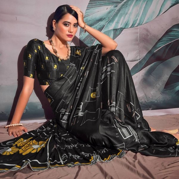 Sunflower Print Japan Satin Crepe Saree Soft    Elegant for Everyday Glam Bollywood Fancy Sarees Wholesale