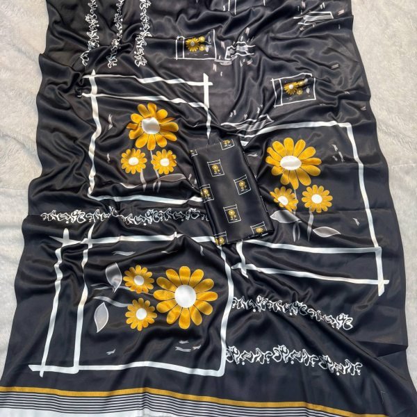 Sunflower Print Japan Satin Crepe Saree Soft    Elegant for Everyday Glam Bollywood Fancy Sarees Wholesale