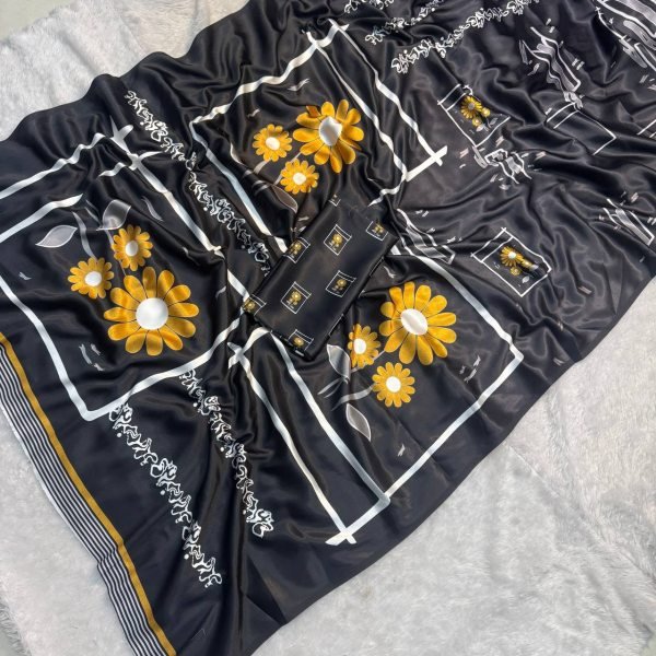Sunflower Print Japan Satin Crepe Saree Soft    Elegant for Everyday Glam Bollywood Fancy Sarees Wholesale