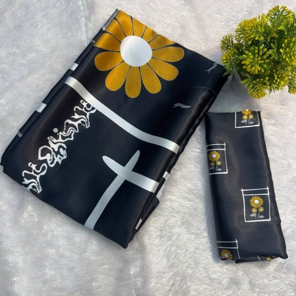 Sunflower Print Japan Satin Crepe Saree Soft    Elegant for Everyday Glam Bollywood Fancy Sarees Wholesale