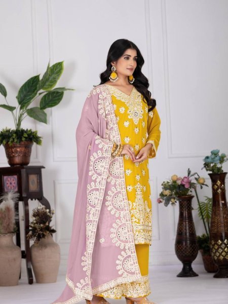 Sunlit Glam in Mustard Yellow Palazzo Suit Embroidered Georgette 3Pc Set for Festive Looks Embroidery Kurtis 
