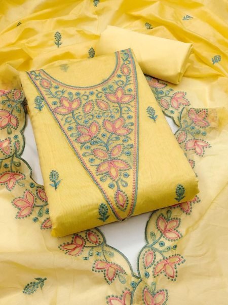 Sunlit Yellow Chanderi Set with Embroidered Neck & Dupatta Color Set Matching Dress Material Wholesale