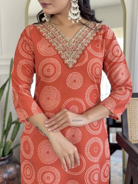Sunset Glow Orange Rayon Kurti Set with Embroidery & Taby Dupatta 3 Piece Kurti Set