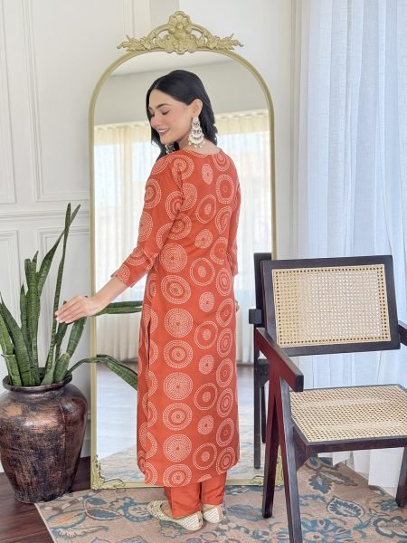 Sunset Glow Orange Rayon Kurti Set with Embroidery & Taby Dupatta 3 Piece Kurti Set