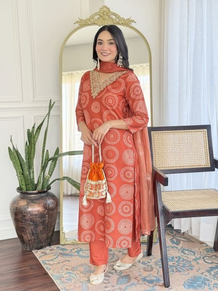 Sunset Glow Orange Rayon Kurti Set with Embroidery & Taby Dupatta 3 Piece Kurti Set