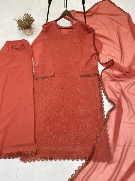 Sunset Orange Georgette Embroidered Suit Set Stylish Palazzo & Dupatta Set Lucknowi Chikankari Kurtis Wholesale