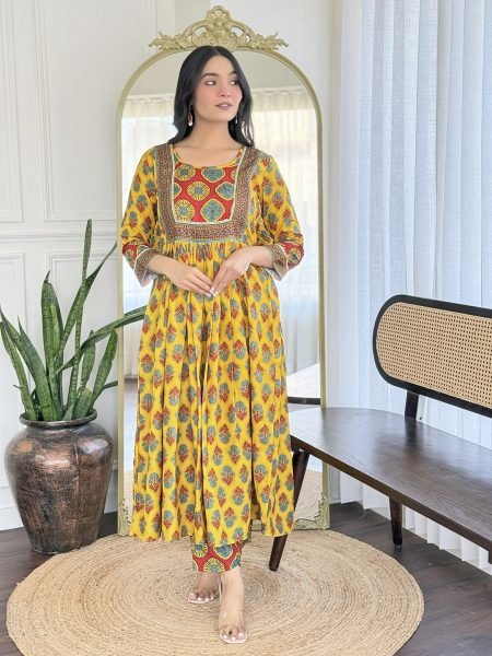 Sunshine Grace Yellow Embroidered Rayon Kurti Set with Linen Dupatta 3 Piece Kurti Set