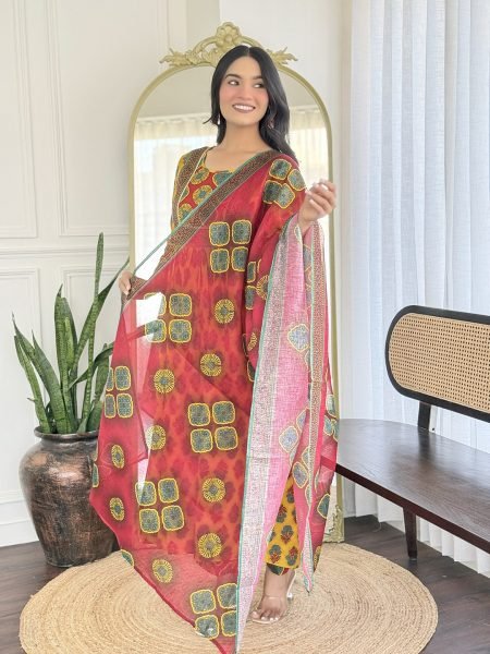 Sunshine Grace Yellow Embroidered Rayon Kurti Set with Linen Dupatta 3 Piece Kurti Set