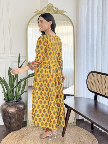 Sunshine Grace Yellow Embroidered Rayon Kurti Set with Linen Dupatta 3 Piece Kurti Set