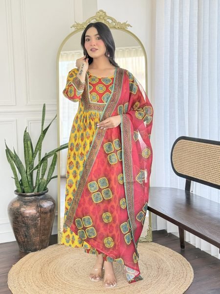 Sunshine Grace Yellow Embroidered Rayon Kurti Set with Linen Dupatta 3 Piece Kurti Set