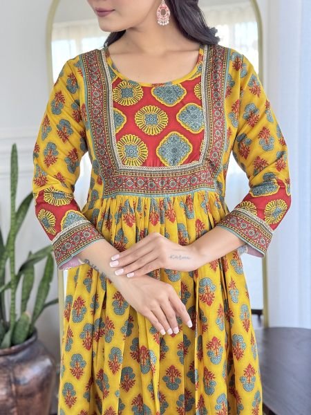 Sunshine Grace Yellow Embroidered Rayon Kurti Set with Linen Dupatta 3 Piece Kurti Set