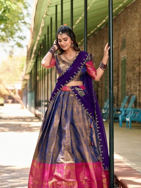 Superb Dusty Blue Kanjivaram Silk Saree Lehenga Choli with Zari Weaving   Embroidered Dupatta  