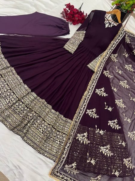 Superb Embroidered Faux Georgette Gown with Sequence Work Dupatta Wholesale Party Wear Anarkali Kurtis 
