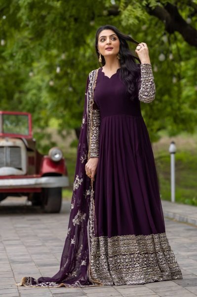 Superb Embroidered Faux Georgette Gown with Sequence Work Dupatta Wholesale Party Wear Anarkali Kurtis 