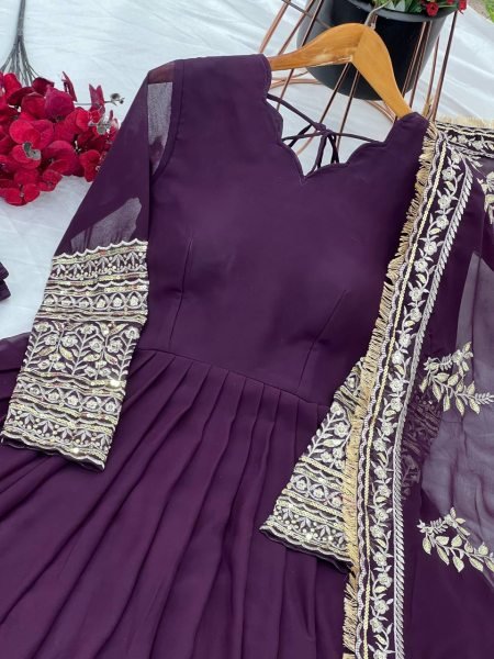 Superb Embroidered Faux Georgette Gown with Sequence Work Dupatta Wholesale Party Wear Anarkali Kurtis 