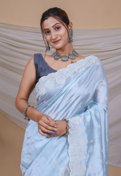 Superb Soft Silk Saree With Kantha Thread Work Border   Silk Sarees Wholesale