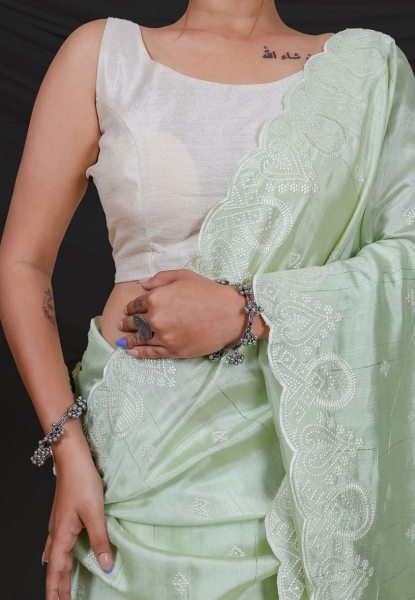 Superb Soft Silk Saree With Kantha Thread Work Border   Silk Sarees Wholesale