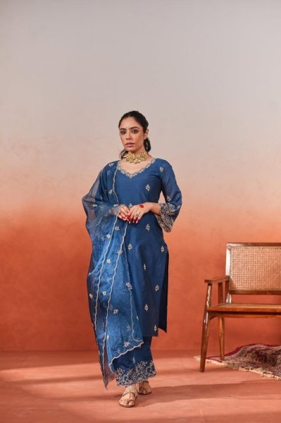 Surat Womens Wear Premium Ready to Wear Chanderi Embroidered Suits from Surat Textile Manufacturer 3 Piece Kurti Set