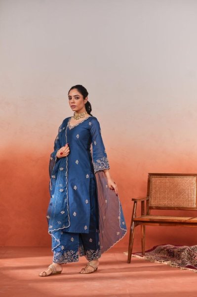 Surat Womens Wear Premium Ready to Wear Chanderi Embroidered Suits from Surat Textile Manufacturer 3 Piece Kurti Set