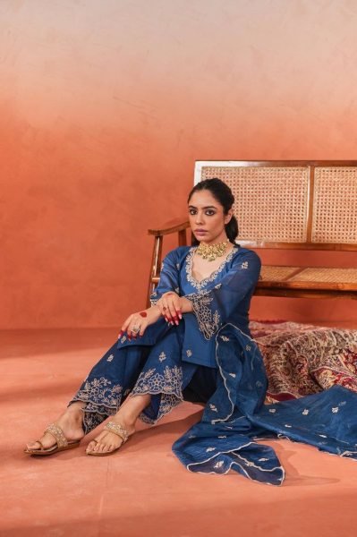 Surat Womens Wear Premium Ready to Wear Chanderi Embroidered Suits from Surat Textile Manufacturer 3 Piece Kurti Set