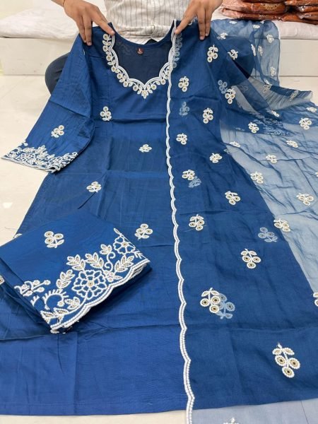Surat Womens Wear Premium Ready to Wear Chanderi Embroidered Suits from Surat Textile Manufacturer 3 Piece Kurti Set