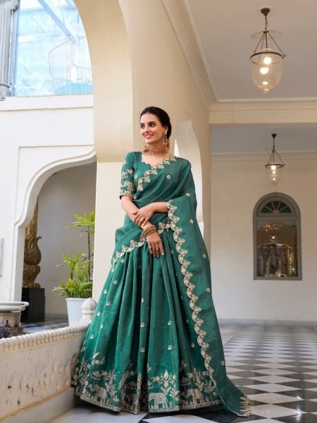 Surprising Teal Green Thread Embroidery Festival Wear Lehenga Choli 