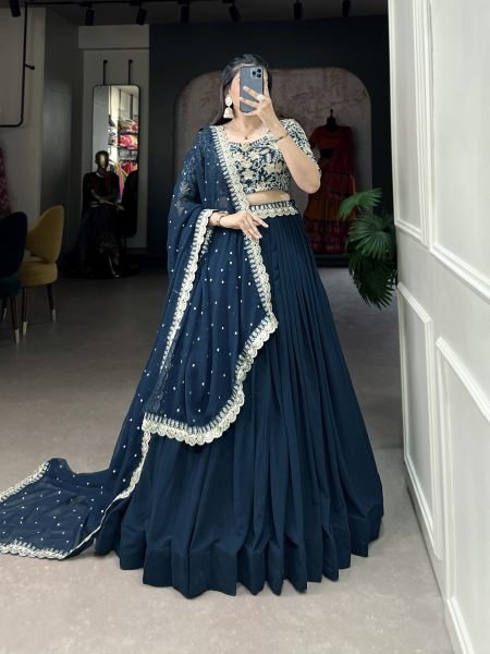 Teal Blue Color Georgette Stitched Lehenga with Embroidered Blouse   Sequins Work Dupatta Designer Lehenga Choli