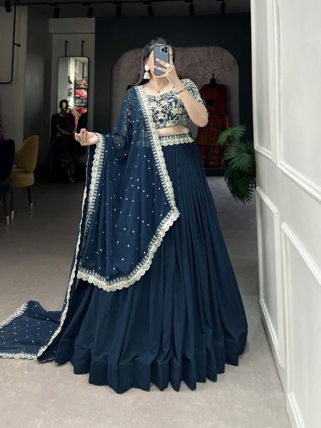 Teal Blue Color Georgette Stitched Lehenga with Embroidered Blouse   Sequins Work Dupatta Designer Lehenga Choli