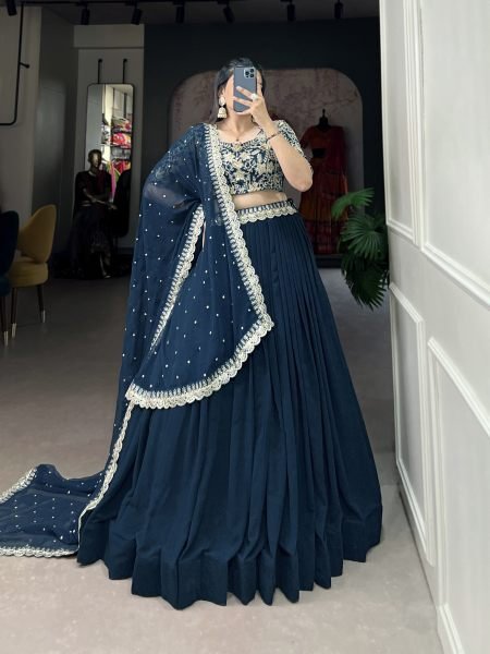 Teal Blue Color Georgette Stitched Lehenga with Embroidered Blouse   Sequins Work Dupatta Designer Lehenga Choli