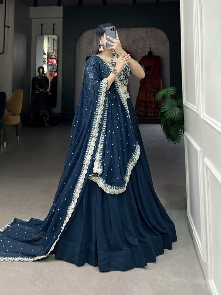 Teal Blue Color Georgette Stitched Lehenga with Embroidered Blouse   Sequins Work Dupatta Designer Lehenga Choli