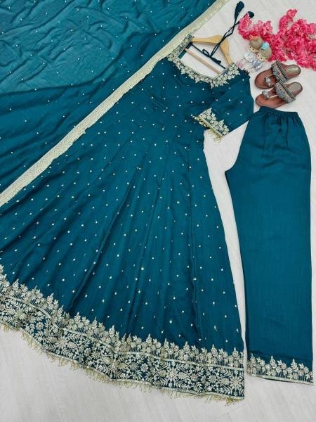 Teal Blue Party Wear Vichitra Silk Anarkali Gown  Dupatta   Pent Plazzo Set with Embroidery   Sequence Work  Ready To Wear Collection