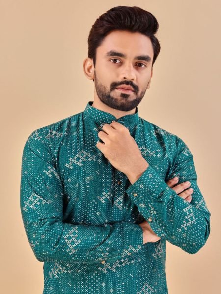 Teal Blue  Premium Soft Cotton Foil Print Mens Kurta Collection  Kurta Pajama Wholesale