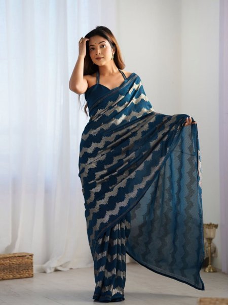 Teal Blue Sequinned Georgette Saree with Embroidered Blouse Premium Partywear Collection from Surat Manufacturer 