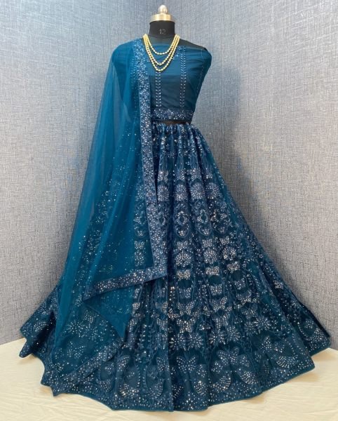 Teal Blue Sequins Embroidered Net Lehenga Choli Designer Lehenga Choli