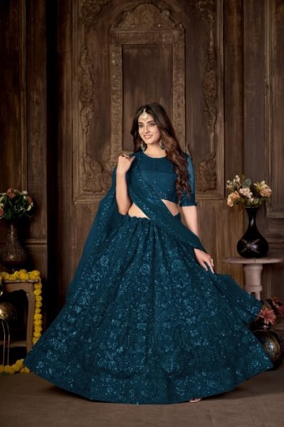 Teal Blue Sequins Embroidered Net Lehenga Choli Designer Lehenga Choli