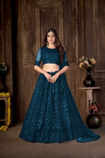 Teal Blue Sequins Embroidered Net Lehenga Choli Designer Lehenga Choli