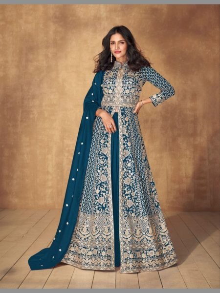 Teal Blue Wedding Special Premium Silk Anarkali Suits Collection  Wedding Bridal Dress Wholesale