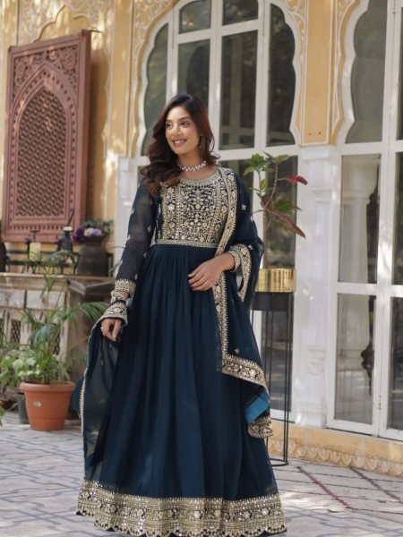 Teal Color Faux Blooming Embroidered Gown Premium Anarkali Ready to Wear at Wholesale Price