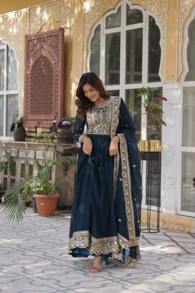 Teal Color Faux Blooming Embroidered Gown Premium Anarkali Ready to Wear at Wholesale Price Anarkali Kurtis 