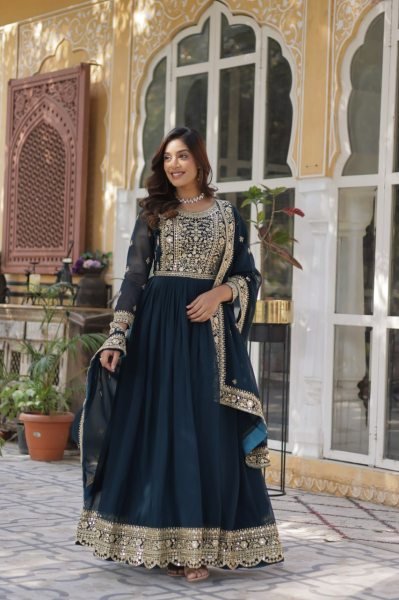 Teal Color Faux Blooming Embroidered Gown Premium Anarkali Ready to Wear at Wholesale Price Anarkali Kurtis 
