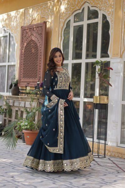 Teal Color Faux Blooming Embroidered Gown Premium Anarkali Ready to Wear at Wholesale Price Anarkali Kurtis 