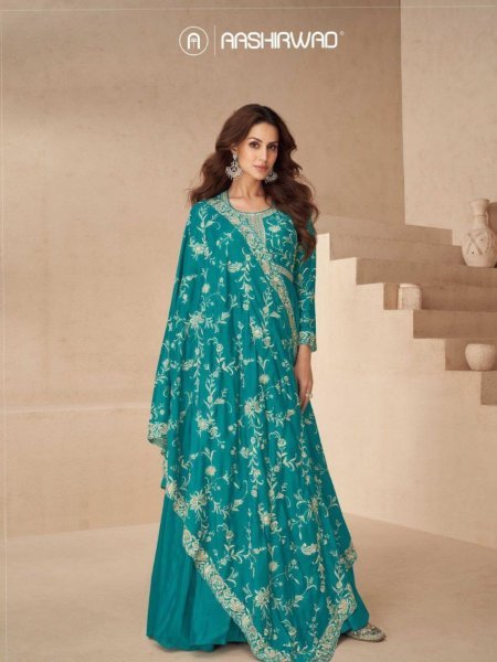 Aashirwad Teal Green Chinnon Silk Anarkali Suit Stylish Occasion Wear for Women Salwar Kameez