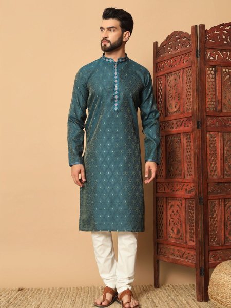 Teal Green Jacquard Weaved Thread Men's Kurta Pajama Mens Wear