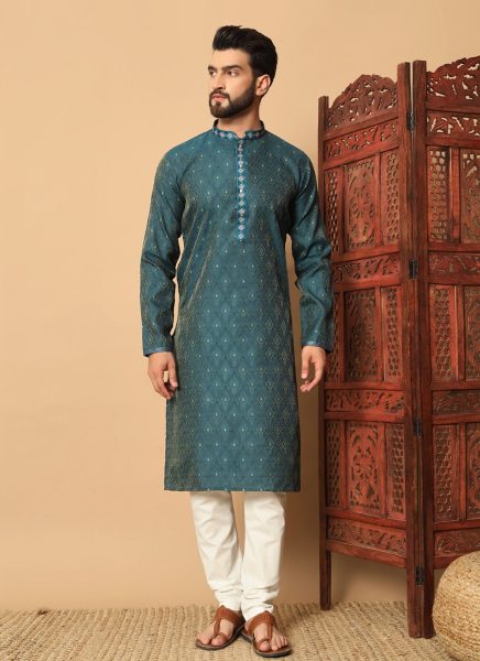 Teal Green Jacquard Weaved Thread Men's Kurta Pajama Kurta Pajama Wholesale