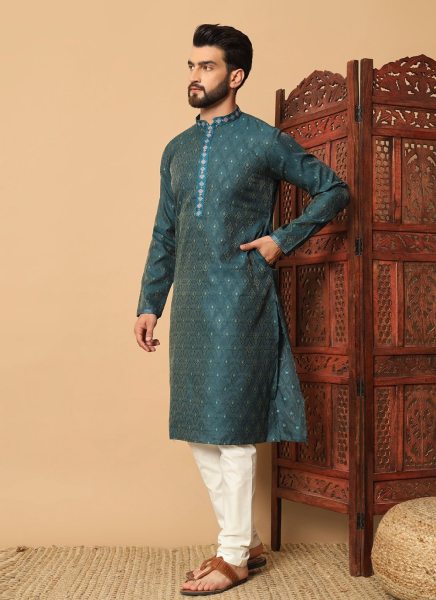 Teal Green Jacquard Weaved Thread Men's Kurta Pajama Kurta Pajama Wholesale