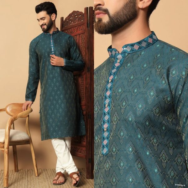 Teal Green Jacquard Weaved Thread Men's Kurta Pajama Kurta Pajama Wholesale