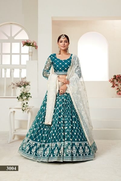 Teal green net multi and sequence work butterfly net lehenga choli & dupatta set. Designer Lehenga Choli