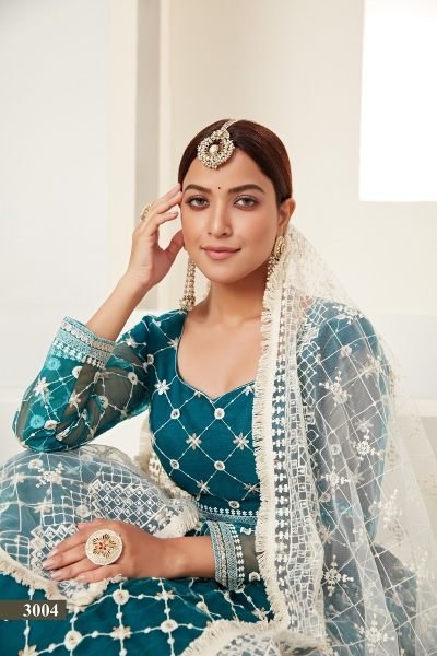 Teal green net multi and sequence work butterfly net lehenga choli & dupatta set. Designer Lehenga Choli
