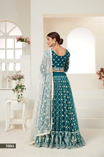 Teal green net multi and sequence work butterfly net lehenga choli & dupatta set. Designer Lehenga Choli